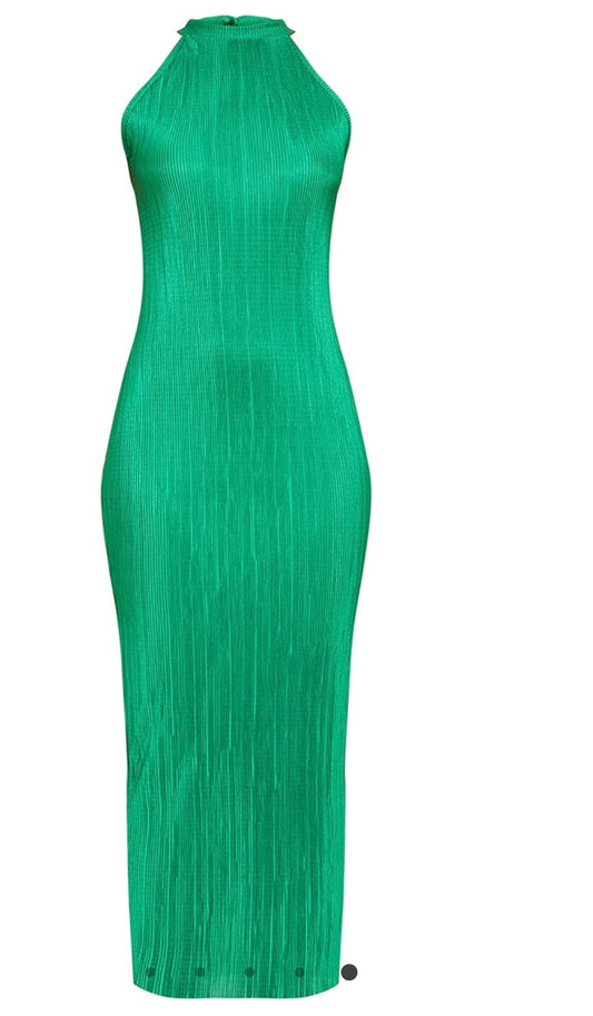 Green plisse high neck midi dress