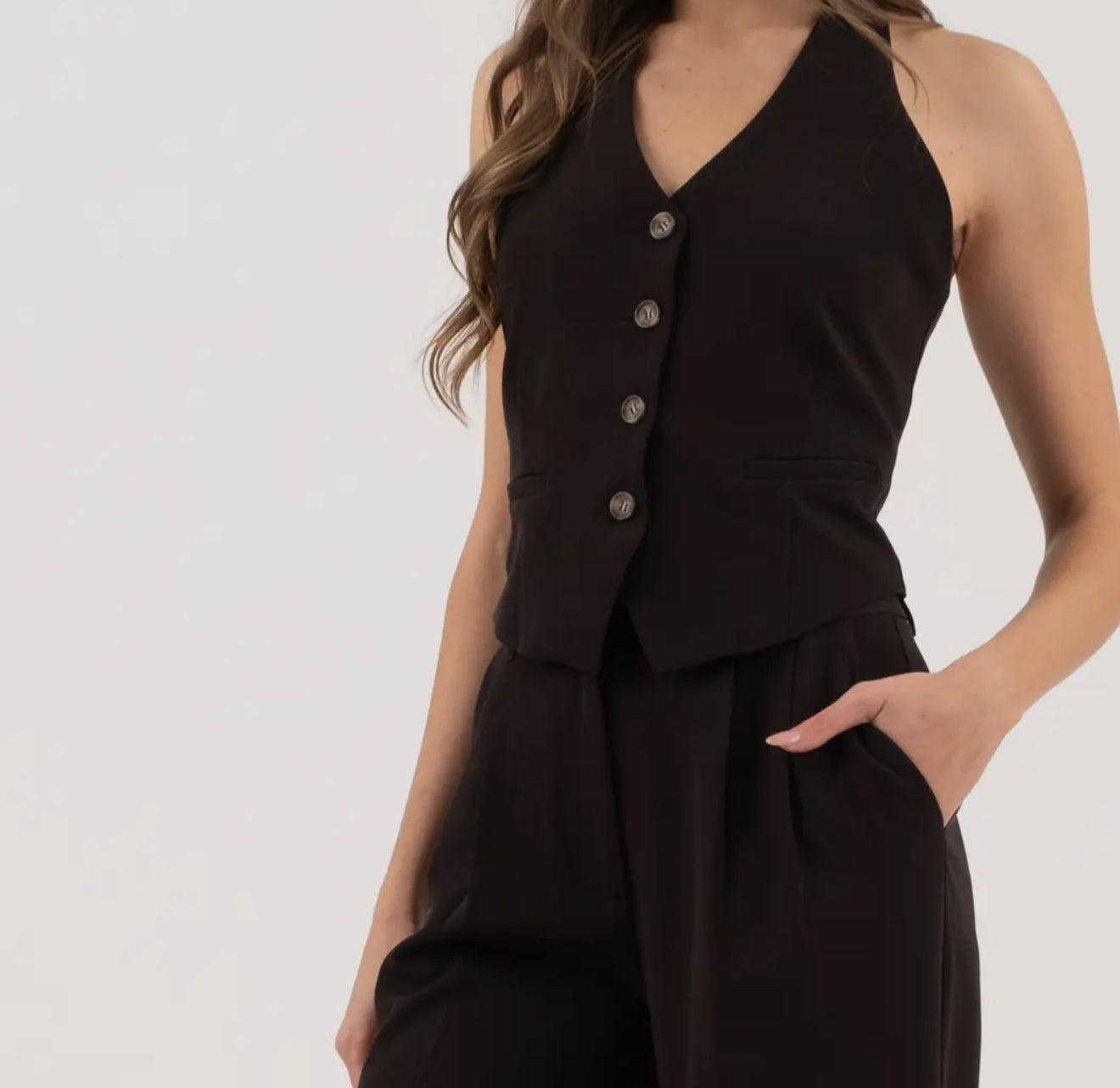 Halter v neck button down open back vest